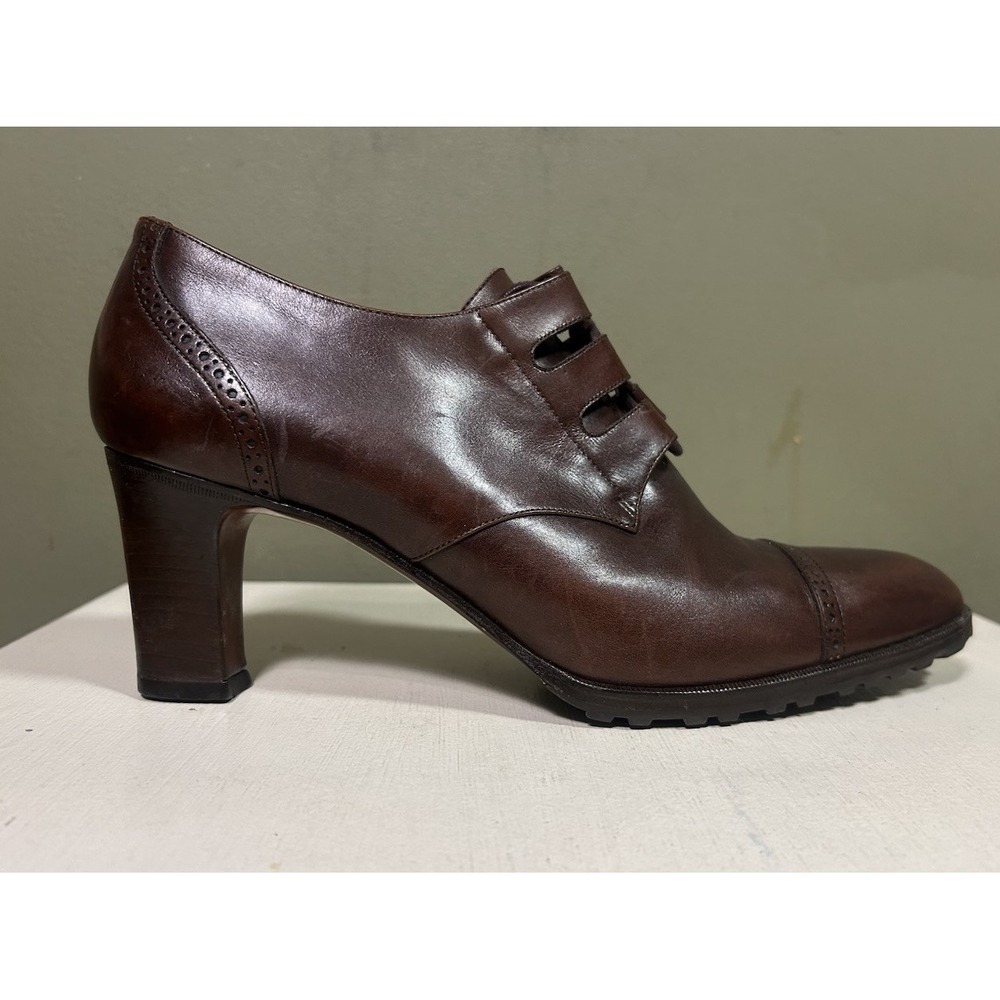 Ralph Lauren Brown Leather Block Heel Oxford Cap Toe Shoes Pumps Womens Sz 9.5AA